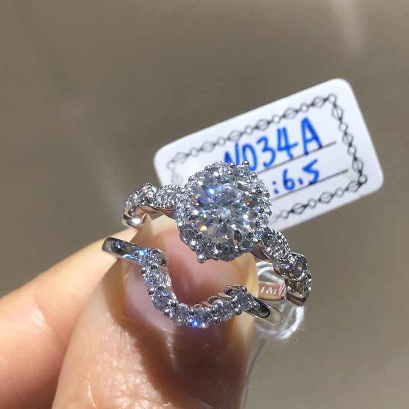 花形围钻女戒S925银镀白金主副套戒叠戴定制主石莫桑钻1.0ct/副石高碳钻
